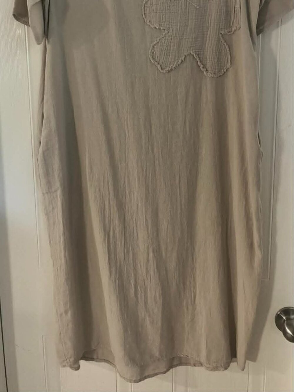 Beige Linen Midi Dress with Pretty Floral Design on Front (E12) - Picture 2 of 4